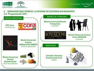 SERVICIOS QUE OFRECE LA OFICINA DE EXTENDA EN BUDAPEST2.1.	 Tipos de serviciosCONTACTO CONEmpresariadohúngaroRepresentaciones españolas presentes en HungríaOrganismospúblicosAsociaciones y otros gremios sectorialesMedios de comunicación:Presencia en redessociales79 artículos,2 entrevistas de radio1 reportaje en la televisiónLa cara dey de tu empresa en Hungría