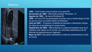 1984 – Fred Cohen crea el primer virus para PC
Noviembre de 1985 – Microsoft presenta ‘Windows 1.0’
Agosto de 1995 – Se lanza Windows 95.
1998 – El virus CIH es presentado el primer virus y hecha abajo el mito
de que los virus no podían dañar el hardware’.
Julio de 2001 – El gusano CodeRed es lanzado e infectando cientos
de miles de computadoras en pocas horas.
Septiembre de 2004 – IBM presenta su supercomputadora que es el
artefacto más rápido en el mundo. Su velocidad sostenida es de 36
billones de operaciones por segundo.
Mayo de 2017- Secuestro cibernético a miles de ordenadores en todo
el mundo
Historia
 