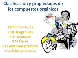 Clasificación y propiedades de
   los compuestos orgánicos


    3.9 Hidrocarburos
    3.10 Halogenuros
      3.11 Alcoholes
        3.12 Éteres
3.13 Aldehídos y cetonas
  3.14 Ácido carboxílico
 