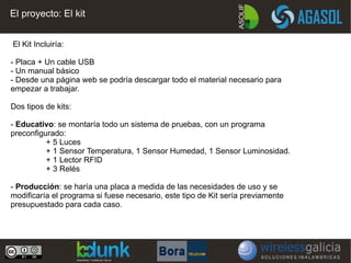 El proyecto: El kit


El Kit Incluiría:

- Placa + Un cable USB
- Un manual básico
- Desde una página web se podría descargar todo el material necesario para
empezar a trabajar.

Dos tipos de kits:

- Educativo: se montaría todo un sistema de pruebas, con un programa
preconfigurado:
          + 5 Luces
          + 1 Sensor Temperatura, 1 Sensor Humedad, 1 Sensor Luminosidad.
          + 1 Lector RFID
          + 3 Relés

- Producción: se haría una placa a medida de las necesidades de uso y se
modificaría el programa si fuese necesario, este tipo de Kit sería previamente
presupuestado para cada caso.
 