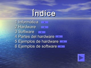 Índice
1 Informática
2 Hardware
3 Software
4 Partes del hardware
5 Ejemplos de hardware
6 Ejemplos de software
 