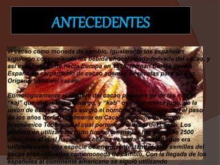 ANTECEDENTES
al cacao como moneda de cambio, igualmente los españoles
siguieron consumiendo las bebida chocolateadaderivada del cacao, y
así este fruto parte hacia Europa en 1528, Hernán Cortés llevó a
España un cargamento de cacao además de recetas para su uso.
Origen y usos del cacao.
Etimológicamente el nombre del cacao proviene de de las mayas
“kaj” que quiere decir amargo, y “kab” que representa jugo, de la
unión de estas palabras surgió el nombre “kajkab” que con el paso
de los años derivo finalmente en Cacao, proviene del grupo
taxonómico Teobroma al cual pertenece el árbol del cacao. Los
primero en utilizareste fruto fueron los mayas hace mas de 2500
años, con el cual hacían una bebida llamada “xocolatl” que era
utilizada como una especie de energizante, también las semillas del
cacao eran utilizadas comomoneda de cambio. Con la llegada de los
españoles al continente americano se siguió utilizando
 