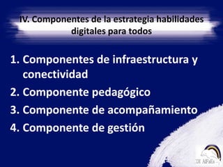 IV. Componentes de la estrategia habilidades digitales para todosComponentes de infraestructura y conectividadComponente pedagógicoComponente de acompañamientoComponente de gestión