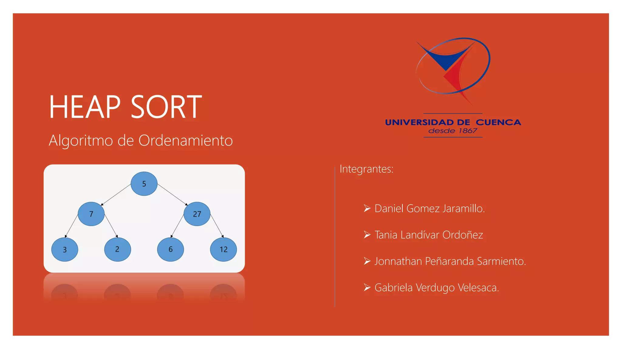 HEAP SORT
Algoritmo de Ordenamiento
Integrantes:
 Daniel Gomez Jaramillo.
 Tania Landívar Ordoñez
 Jonnathan Peñaranda Sarmiento.
 Gabriela Verdugo Velesaca.
 