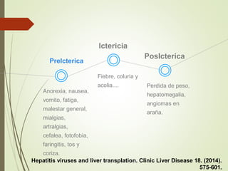 Ictericia
Fiebre, coluria y
acolia....
PreIcterica
Anorexia, nausea,
vomito, fatiga,
malestar general,
mialgias,
artralgias,
cefalea, fotofobia,
faringitis, tos y
coriza.
PosIcterica
Perdida de peso,
hepatomegalia,
angiomas en
araña.
Hepatitis viruses and liver transplation. Clinic Liver Disease 18. (2014).
575-601.
 
