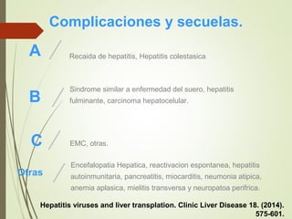 A Recaida de hepatitis, Hepatitis colestasica
B
Sindrome similar a enfermedad del suero, hepatitis
fulminante, carcinoma hepatocelular.
C EMC, otras.
Otras
Encefalopatia Hepatica, reactivacion espontanea, hepatitis
autoinmunitaria, pancreatitis, miocarditis, neumonia atipica,
anemia aplasica, mielitis transversa y neuropatoa perifrica.
Complicaciones y secuelas.
Hepatitis viruses and liver transplation. Clinic Liver Disease 18. (2014).
575-601.
 