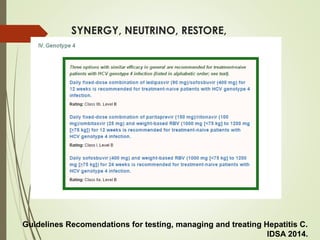 SYNERGY, NEUTRINO, RESTORE,
Guidelines Recomendations for testing, managing and treating Hepatitis C.
IDSA 2014.
 