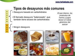 Tipos de desayunos más comunes 
• Desayuno basado en carbohidratos 
• El llamado desayuno “balanceado”, que 
también tiene exceso de carbohidratos 
• Ningún desayuno 
El pan blanco, los 
productos de 
harina y jugos 
tienen el índice 
glicémico del 
azúcar 
A 
Z 
Ú 
C 
A 
R 
N 
A 
D 
A 
 