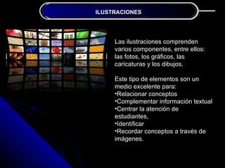 ILUSTRACIONES
JUSTIFICACIÓN DE LA INVESTIGACIÓN




               Las ilustraciones comprenden
               varios componentes, entre ellos:
               las fotos, los gráficos, las
               caricaturas y los dibujos.

               Este tipo de elementos son un
               medio excelente para:
               •Relacionar conceptos
               •Complementar información textual
               •Centrar la atención de
               estudiantes,
               •Identificar
               •Recordar conceptos a través de
               imágenes.
 