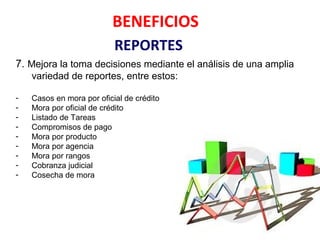 BENEFICIOS
                           REPORTES
7. Mejora la toma decisiones mediante el análisis de una amplia
    variedad de reportes, entre estos:

-   Casos en mora por oficial de crédito
-   Mora por oficial de crédito
-   Listado de Tareas
-   Compromisos de pago
-   Mora por producto
-   Mora por agencia
-   Mora por rangos
-   Cobranza judicial
-   Cosecha de mora
 