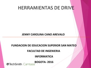 HERRAMIENTAS DE DRIVE
JENNY CAROLINA CANO AREVALO
FUNDACION DE EDUCACION SUPERIOR SAN MATEO
FACULTAD DE INGENIERIA
INFORMATICA
BOGOTA- 2016
 