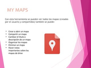 MY MAPS
Con esta herramienta se pueden ver todos los mapas (creados
por el usuario y compartidos) también se puede:
• Crear o abrir un mapa
• Compartir un mapa
• Cambiar el titulo o
descripción de un mapa
• Organizar los mapas
• Eliminar un mapa
• Hacer notas
importantes sobre los
mapas de drive
 