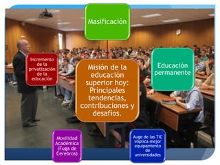 Misión de la
educación
superior hoy:
Principales
tendencias,
contribuciones y
desafíos.
Masificación
Educación
permanente
Auge de las TIC
implica mejor
equipamiento
de
universidades
Movilidad
Académica
(Fuga de
Cerebros)
Incremento
de la
privatización
de la
educación
 