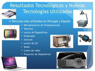 Resultados Tecnológicos y Nuevas
Tecnologías Utilizadas
 Recursos más utilizados en Portugal y España
 Retroproyector de Transparencias.
 Televisor
 Lector de Diapositivas
 Ordenador
 Internet
 Lector de CD
 Radio
 Cañón de video
 Proyector de diapositivas
 