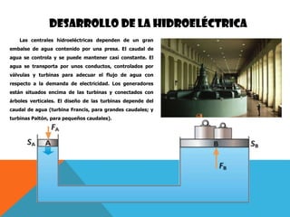 DESARROLLO DE LA HIDROELÉCTRICA
Las centrales hidroeléctricas dependen de un gran
embalse de agua contenido por una presa. El caudal de
agua se controla y se puede mantener casi constante. El
agua se transporta por unos conductos, controlados por
válvulas y turbinas para adecuar el flujo de agua con
respecto a la demanda de electricidad. Los generadores
están situados encima de las turbinas y conectados con
árboles verticales. El diseño de las turbinas depende del
caudal de agua (turbina Francis, para grandes caudales; y
turbinas Paltón, para pequeños caudales).
 