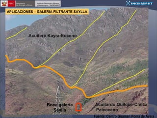 APLICACIONES – GALERIA FILTRANTE SAYLLA

Acuífero Kayra-Eoceno

Boca galería
Saylla

Acuitardo Quilque-Chilca
Paleoceno
Fuente: Centro Guaman Poma de Ayala

 