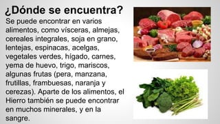 ¿Dónde se encuentra? 
Se puede encontrar en varios 
alimentos, como vísceras, almejas, 
cereales integrales, soja en grano, 
lentejas, espinacas, acelgas, 
vegetales verdes, hígado, carnes, 
yema de huevo, trigo, mariscos, 
algunas frutas (pera, manzana, 
frutillas, frambuesas, naranja y 
cerezas). Aparte de los alimentos, el 
Hierro también se puede encontrar 
en muchos minerales, y en la 
sangre. 
 