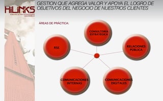 GESTION QUE AGREGA VALOR Y APOYA EL LOGRO DE
OBJETIVOS DEL NEGOCIO DE NUESTROS CLIENTES


ÁREAS DE PRÁCTICA:

                               CONSULTORÍA
                               ESTRATÉGICA




        RSE                                        RELACIONES
                                                     PÚBLICA




              COMUNICACIONES            COMUNICACIONES
                 INTERNAS                  DIGITALES
 