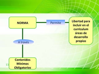 NORMA Contenidos Mínimos Obligatorios A través Permite Libertad para incluir en el curriculum áreas de desarrollo propias 