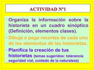 • Organiza la información sobre la
historieta en un cuadro sinóptico
(Definición, elementos clases).
• Dibuja o pega recortes de cada uno
de los elementos de las historietas.
• Planifica la creación de tus
historietas (temas sugeridos: tolerancia
seguridad vial, cuidado de la naturaleza)
 