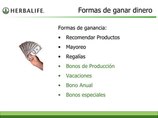 Formas de ganancia: Recomendar Productos Mayoreo Regalías Bonos de Producción Vacaciones Bono Anual Bonos especiales Formas de ganar dinero 