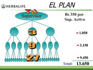 =  1.050 =  3.150 =  9.450 Total: 13.650 Bs 350 por Sup. Activo 3 9 27 EL PLAN Supervisor Tú 