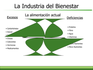 La Industria del Bienestar + _ Excesos Deficiencias Carbohidratos Azúcar Sal Grasas Colorantes Hormonas Medicamentos Proteína Fibra Agua Vitaminas Minerales Macro Nutrientes Micro Nutrientes La alimentación actual 