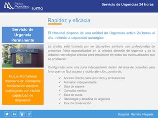 Hospital Ramón Negrete
Cartera de Servicios
Cartera de Servicios
Servicio de Urgencias permanente, con
localización quirúrgica
 Hospitalización de Agudos
 Unidad de Cirugía Mayor Ambulatoria
 Unidad de Artroscopia
 Cirugía con ingreso
 Unidad de Cirugía de la Mano y Microcirugía
 Implante de tejidos osteotendinosos
 Rehabilitación
 Unidad de Valoración funcional
 Terapia del Dolor
 Consultas Externas
 Radiología Digital
 Análisis Clínicos y Hematología
Especialidades:
 Cirugía Ortopédica y Traumatología
 Cirugía Plástica y Reparadora
 Cirugía General y Digestivo
 Anestesia y Reanimación
 Medicina Interna
 Rehabilitación
 Fisioterapia
 Medicina Laboral
 Radiología
 
