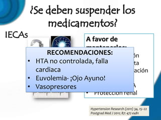 IECAs                 A favor de
                      mantenerlos:
          RECOMENDACIONES:
                      • Neuroprotección
    • HTA no controlada,Menor respuesta
                      • falla
      cardiaca           presora a intubación
    • Euvolemia- ¡Ojo Ayuno! periOP
                      • ↓ HTA
    • Vasopresores • ↓ Incidencia FA
                       • Protección renal

                         Hypertension Research (2011) 34, 15–22
                         Postgrad Med J 2011; 87: 472 e481
 