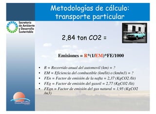 Metodologías de cálculo:
        transporte particular


              2,84 ton CO2 =

            Emisiones = R*(1/EM)*FE/1000

•   R = Recorrido anual del automovil (km) = ?
•   EM = Eficiencia del combustible (km/lit) o (km/m3) = ?
•   FEn = Factor de emisión de la nafta = 2,37 (KgCO2 /lit)
•   FEg = Factor de emisión del gasoil = 2,77 (KgCO2 /lit)
•   FEgn = Factor de emisión del gas natural = 1,95 (KgCO2
    /m3)
 