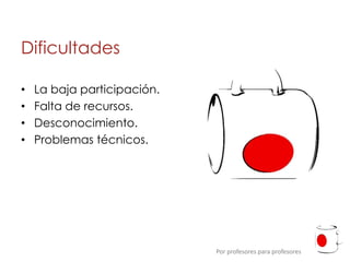 Dificultades

•   La baja participación.
•   Falta de recursos.
•   Desconocimiento.
•   Problemas técnicos.




                             Por profesores para profesores
 