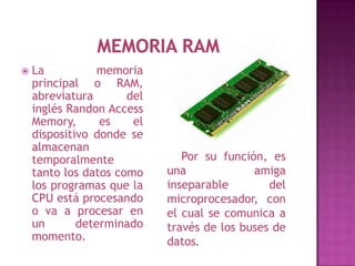    La           memoria
    principal o RAM,
    abreviatura       del
    inglés Randon Access
    Memory,      es    el
    dispositivo donde se
    almacenan
    temporalmente              Por su función, es
    tanto los datos como    una             amiga
    los programas que la    inseparable        del
    CPU está procesando     microprocesador, con
    o va a procesar en      el cual se comunica a
    un       determinado    través de los buses de
    momento.                datos.
 