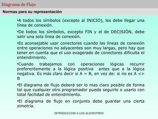 INTRODUCCION A LOS ALGORITMOS
Diagrama de Flujo
●
A todos los símbolos (excepto al INICIO), les debe llegar una
línea de conexión.
●
De todos los símbolos, excepto FIN y el de DECISIÓN, debe
salir una sola línea de conexión.
●
Es aconsejable usar conectores cuando las líneas de conexión
entre operaciones no adyacentes son muy largas, pero hay que
tener en cuenta que el uso exagerado de conectores dificulta el
entendimiento.
●
Cuando trabajamos con operaciones lógicas recurrir
preferentemente a la lógica positiva antes que a la lógica
negativa. Es más claro decir si A = B, en vez de: si no es A <>
B
●
El diagrama de flujo deberá ser lo mas claro posible de forma
tal que cualquier otro programador pueda seguirlo o usarlo con
total facilidad de entendimiento.
●
El diagrama de flujo en conjunto debe guardar una cierta
simetría.
Normas para su representación
 