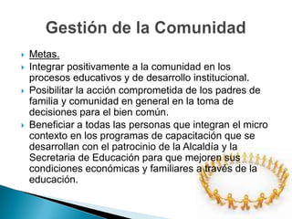 Metas.Integrar positivamente a la comunidad en los procesos educativos y de desarrollo institucional.Posibilitar la acción comprometida de los padres de familia y comunidad en general en la toma de decisiones para el bien común.Beneficiar a todas las personas que integran el micro contexto en los programas de capacitación que se desarrollan con el patrocinio de la Alcaldía y la Secretaria de Educación para que mejoren sus condiciones económicas y familiares a través de la educación. Gestión de la Comunidad