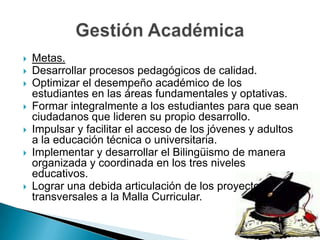 Metas.Desarrollar procesos pedagógicos de calidad.Optimizar el desempeño académico de los estudiantes en las áreas fundamentales y optativas.Formar integralmente a los estudiantes para que sean ciudadanos que lideren su propio desarrollo.Impulsar y facilitar el acceso de los jóvenes y adultos a la educación técnica o universitaria.Implementar y desarrollar el Bilingüismo de manera organizada y coordinada en los tres niveles educativos.Lograr una debida articulación de los proyectos transversales a la Malla Curricular.Gestión Académica
