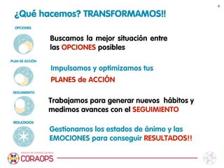 ¿Qué hacemos? TRANSFORMAMOS!!
Buscamos la mejor situación entre
las OPCIONES posibles
4
Impulsamos y optimizamos tus
PLANES de ACCIÓN
Trabajamos para generar nuevos hábitos y
medimos avances con el SEGUIMIENTO
Gestionamos los estados de ánimo y las
EMOCIONES para conseguir RESULTADOS!!
RESULTADOS
SEGUIMIENTO
OPCIONES
PLAN DE ACCIÓN
 