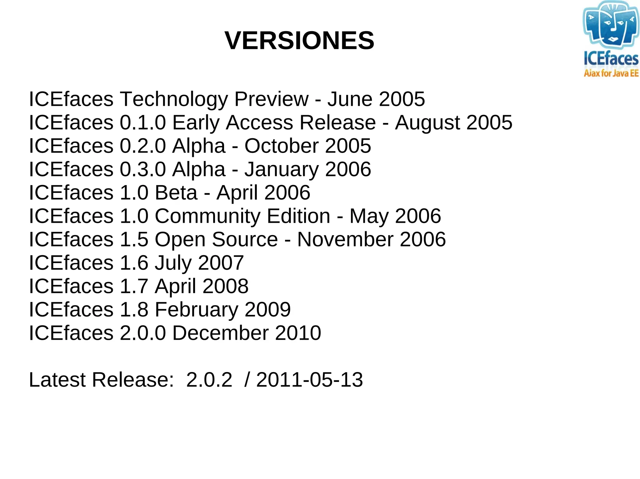 VERSIONES

ICEfaces Technology Preview - June 2005
ICEfaces 0.1.0 Early Access Release - August 2005
ICEfaces 0.2.0 Alpha - October 2005
ICEfaces 0.3.0 Alpha - January 2006
ICEfaces 1.0 Beta - April 2006
ICEfaces 1.0 Community Edition - May 2006
ICEfaces 1.5 Open Source - November 2006
ICEfaces 1.6 July 2007
ICEfaces 1.7 April 2008
ICEfaces 1.8 February 2009
ICEfaces 2.0.0 December 2010

Latest Release: 2.0.2 / 2011-05-13
 
