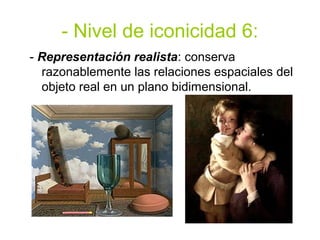 - Nivel de iconicidad 6:
- Representación realista: conserva
  razonablemente las relaciones espaciales del
  objeto real en un plano bidimensional.
 