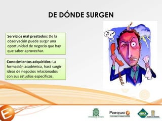 DE DÓNDE SURGEN
Servicios mal prestados: De la
observación puede surgir una
oportunidad de negocio que hay
que saber aprovechar.
Conocimientos adquiridos: La
formación académica, hará surgir
ideas de negocios relacionados
con sus estudios específicos.
 