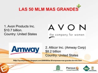 1. Avon Products Inc.
$10.7 billion.
Country: United States
LAS 50 MLM MAS GRANDES
2. Alticor Inc. (Amway Corp)
$8.2 billion
Country: United States
http://ayudaparamlm.blogspot.com/2009/08/las-50-empresas-mas-grandes-de-mlm.html
 