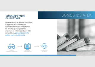 generando valor
en las pymes
Ideiatek facilita las mejores soluciones
a la gestión de la información
económico financiera para afrontar
los desafíos que surgen en las
empresas en entornos cada vez más
competitivos, generando con ello
valor a corto y medio plazo.
ANÁLISIS
ECONÓMICO-FINANCIERO
GESTIÓN DE
LA INFORMACIÓN
APORTACIÓN
DE VALOR
SOMOS IDEIATEK
 
