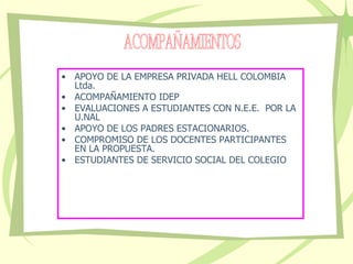APOYO DE LA EMPRESA PRIVADA HELL COLOMBIA Ltda. ACOMPAÑAMIENTO IDEP EVALUACIONES A ESTUDIANTES CON N.E.E.  POR LA U.NAL APOYO DE LOS PADRES ESTACIONARIOS. COMPROMISO DE LOS DOCENTES PARTICIPANTES EN LA PROPUESTA. ESTUDIANTES DE SERVICIO SOCIAL DEL COLEGIO ACOMPAÑAMIENTOS 