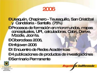 2006 Usaquén, Chapinero - Teusaquillo, San Cristóbal y  Candelaria - Santafe. (75%) Procesos de formación en micromundos, mapas conceptuales, UPI, calculadoras, Cabri, Derive, Moodle, Joomla. Ciberodisea 2006,  Infojoven 2006 I Encuentro de Redes Académicas 4 publicaciones de productos de investigaciones Seminario Permanente 