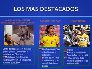 LOS MAS DESTACADOSLOS MAS DESTACADOS
MARIANA PAJON (FRENTE)
MARIA ISABEL URRUTIA (FONDO)
Dentro de las pocas (19) medallas
que ha ganado Colombia en la
historia de los Olímpicos
Medallas de Oro Olímpicas
•Sydney 2000, 69 - 75 kilogramos
•Londres 2012, BMX
RADAMEL FALCAO
El referente del fútbol
colombiano en el
extranjero
En julio de 2011 fue
considerado el quinto
mejor futbolista en
Europa
Ciclista
Rey de la montaña del
Tour de Francia de 1985
Título general de la
Vuelta a España el 15 de
mayo de 1987.
LUIS HERRERA
 