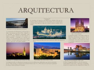 ACUEDUCTO DE SEGOVIA (S. II D.C.)
SAGRADA FAMILIA DE BARCELONA (
1882 – ACTUALIDAD)
GIRALDA Y CATEDRAL DE SEVILLA (S. XII) ALHAMBRA DE GRANADA ( S.XIII)
El Acueducto de Segovia es una de las más soberbias obras que los
romanos dejaron repartidas por su vasto imperio. Fue construido para
conducir hasta Segovia el agua de la Sierra, símbolo heráldico de la
ciudad.
La construcción del Monasterio de El Escorial se
debe a una promesa que hizo el Rey –Felipe II– a
la divinidad, al comprobar consternado cómo
durante la batalla victoriosa de San Quintín se
había profanado y destruido un convento de
monjas, y eso precisamente el día en que la Iglesia
celebraba a un mártir español, San Lorenzo, lo que
suponía –para el rey- otro agravio añadido.
REAL MONASTERIO DE SAN LORENZO DEL ESCORIAL (S.
XVI)
La Sagrada Familia es una basílica católica de
Barcelona, diseñada por el arquitecto Antoni
Gaudí. Iniciada en 1882, todavía está en
construcción. Es la obra maestra de Gaudí,
y el máximo exponente de la arquitectura
modernista.
El Museo Guggenheim Bilbao es obra del arquitecto
estadounidense Frank Gehry y representa un magnífico
ejemplo de la arquitectura más vanguardista del siglo XX.
MUSEO GUGGENHEIN (AÑO 1997)
La Giralda de Sevilla y la Alhambra de Granada son los dos edificios mas emblemáticos que fueron construidos
por los Árabes durante su ocupación de la península ibérica entre 711 y 1492, fecha en la cual fueron expulsados
los últimos Árabes del Reino de Granada.
 