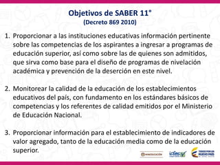 Objetivos de SABER 11°
(Decreto 869 2010)
1. Proporcionar a las instituciones educativas información pertinente
sobre las competencias de los aspirantes a ingresar a programas de
educación superior, así como sobre las de quienes son admitidos,
que sirva como base para el diseño de programas de nivelación
académica y prevención de la deserción en este nivel.
2. Monitorear la calidad de la educación de los establecimientos
educativos del país, con fundamento en los estándares básicos de
competencias y los referentes de calidad emitidos por el Ministerio
de Educación Nacional.
3. Proporcionar información para el establecimiento de indicadores de
valor agregado, tanto de la educación media como de la educación
superior.
 