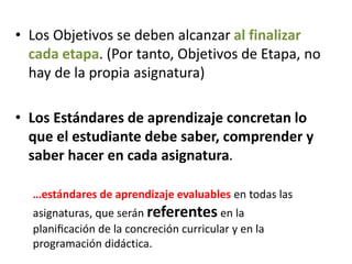 • Los Objetivos se deben alcanzar al finalizar
cada etapa. (Por tanto, Objetivos de Etapa, no
hay de la propia asignatura)
• Los Estándares de aprendizaje concretan lo
que el estudiante debe saber, comprender y
saber hacer en cada asignatura.
…estándares de aprendizaje evaluables en todas las
asignaturas, que serán referentes en la
planificación de la concreción curricular y en la
programación didáctica.
 