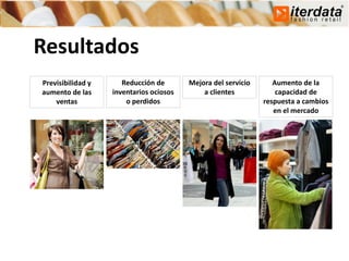 Resultados
Previsibilidad y      Reducción de       Mejora del servicio      Aumento de la
aumento de las     inventarios ociosos       a clientes            capacidad de
    ventas             o perdidos                              respuesta a cambios
                                                                  en el mercado
 