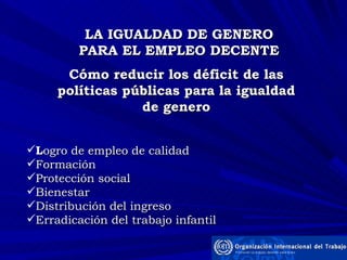 LA IGUALDAD DE GENERO PARA EL EMPLEO DECENTE Cómo reducir los déficit de las políticas públicas para la igualdad de genero L ogro de empleo de calidad Formación Protección social Bienestar Distribución del ingreso Erradicación del trabajo infantil 