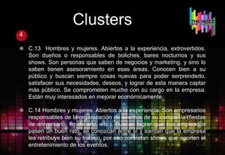 Clusters
4
C.13 Hombres y mujeres. Abiertos a la experiencia, extrovertidos.
Son dueños o responsables de boliches, bares nocturnos y sus
shows. Son personas que saben de negocios y marketing, y sino lo
saben tienen asesoramiento en esas áreas. Conocen bien a su
público y buscan siempre cosas nuevas para poder sorprenderlo,
satisfacer sus necesidades, deseos, y lograr de esta manera captar
más público. Se comprometen mucho con su cargo en la empresa.
Están muy interesados en mejorar económicamente.
C.14 Hombres y mujeres. Abiertos a la experiencia. Son empresarios
responsables de la organización de eventos de su compañía (fiestas
de aniversario, fin de año, etc.). Buscan lograr que sus empleados
pasen un buen rato, se conozcan entre sí y sientan que la empresa
les retribuye bien su trabajo, por eso contratan shows que aporten el
entretenimiento de los eventos.
 